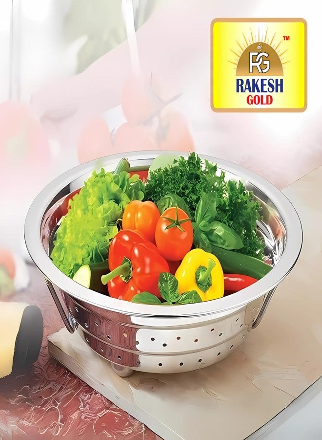 Rakesh Gold مصفاة من الفولاذ المقاوم للصدأ، متعددة الاستخدامات للأرز والخضراوات والفواكه، مصنوعة من مواد آمنة غذائياً وخالية من مادة BPA، آمنة للغسل في غسالة الأطباق، ضمان لمدة عام واحد (مع حامل ومقبض، حجم كبير جداً) - Image 3